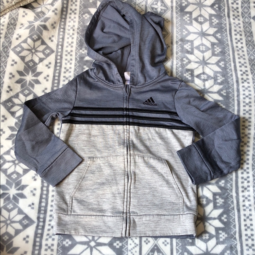 adidas Kids Two-Tone Gray Hooded Zip Sweatshirt with Black Stripes